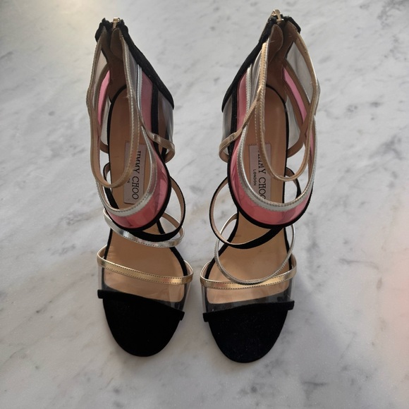 Jimmy Choo 38 MAI TAI in Black Suede Leather Strappy PVC Gold Silver Heels - Picture 2 of 7